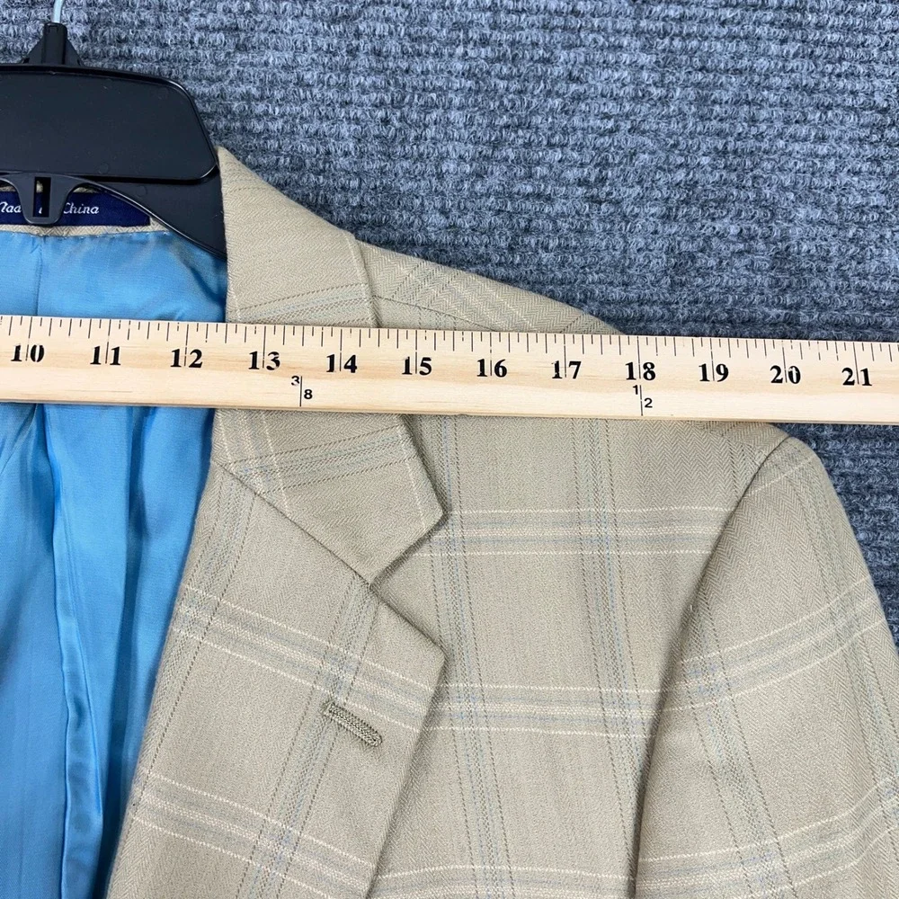 Alan Flusser Worsted Wool‎ Bamboo Plaid Blazer Sport Coat Tan Blue 46L Mens